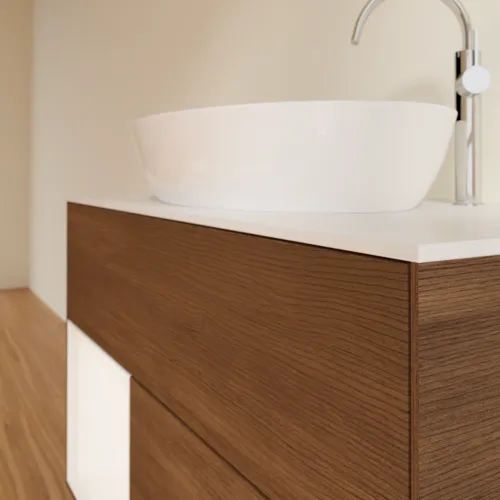 VILLEROY BOCH Umyvadlová skříňka Finion, s osvětlením, 2 výsuvy, 1000 x 603 x 501 mm, ořechová dýha / bílý matný lak / bílé matné sklo #F891MTGN, obrázek 6