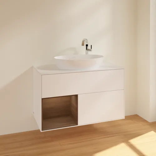 VILLEROY BOCH Toaletní skříňka Finion, s osvětlením, 2 výsuvy, 1000 x 603 x 501 mm, bílý matný lak / ořechová dýha / sklo bílé matné #F891GNMT, obrázek 2
