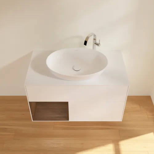 VILLEROY BOCH Toaletní skříňka Finion, s osvětlením, 2 výsuvy, 1000 x 603 x 501 mm, bílý matný lak / ořechová dýha / sklo bílé matné #F891GNMT, obrázek 4