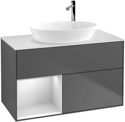 VILLEROY BOCH Toaletní skříňka Finion, s osvětlením, 2 výsuvy, 1000 x 603 x 501 mm, antracitový matný lak / bílý matný lak / bílé matné sklo #F891MTGK, obrázek 1