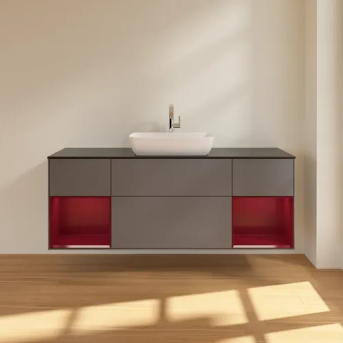 VILLEROY BOCH Toaletní skříňka Finion, s osvětlením, 4 výsuvy, 1600 x 603 x 501 mm, antracitový matný lak / pivoňkový matný lak / černé matné sklo #F862HBGK, obrázek 3