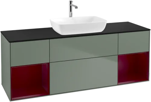 VILLEROY BOCH Toaletní skříňka Finion, s osvětlením, 4 výsuvy, 1600 x 603 x 501 mm, olivový matný lak / pivoňkový matný lak / černé matné sklo #F862HBGM