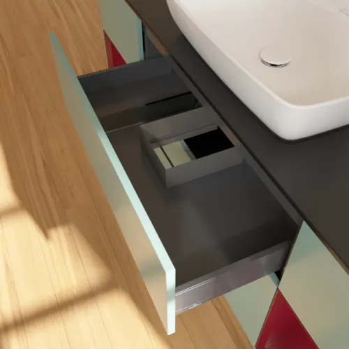 VILLEROY BOCH Toaletní skříňka Finion, s osvětlením, 4 výsuvy, 1600 x 603 x 501 mm, olivový matný lak / pivoňkový matný lak / černé matné sklo #F862HBGM, obrázek 8
