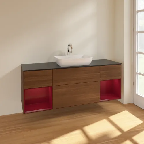 VILLEROY BOCH Toaletní skříňka Finion, s osvětlením, 4 výsuvy, 1600 x 603 x 501 mm, ořechová dýha / pivoňkový matný lak / černé matné sklo #F862HBGN, obrázek 2