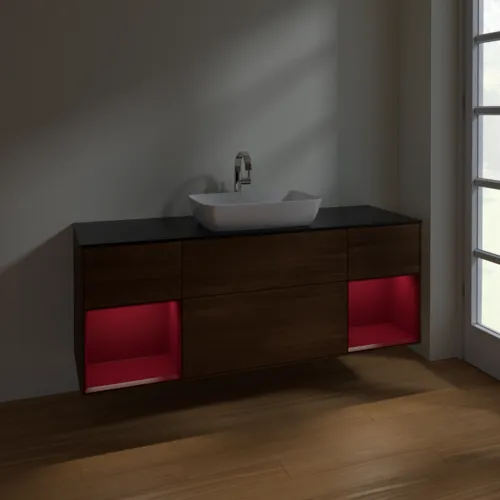 VILLEROY BOCH Toaletní skříňka Finion, s osvětlením, 4 výsuvy, 1600 x 603 x 501 mm, ořechová dýha / pivoňkový matný lak / černé matné sklo #F862HBGN, obrázek 5