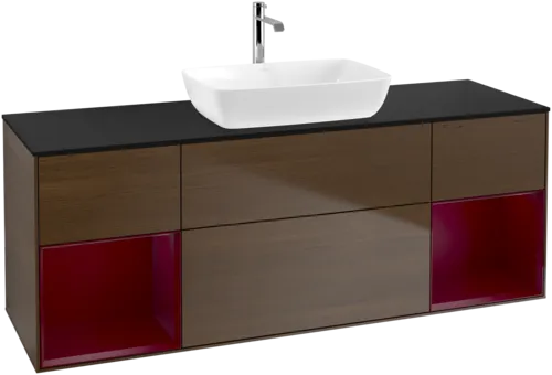 VILLEROY BOCH Toaletní skříňka Finion, s osvětlením, 4 výsuvy, 1600 x 603 x 501 mm, ořechová dýha / pivoňkový matný lak / černé matné sklo #F862HBGN