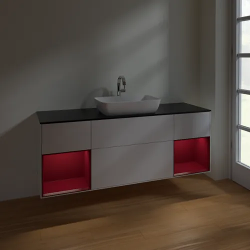 VILLEROY BOCH Toaletní skříňka Finion, s osvětlením, 4 výsuvy, 1600 x 603 x 501 mm, lesklý bílý lak / matný lak Pivoňka / matné černé sklo #F862HBGF, obrázek 5