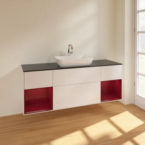VILLEROY BOCH Toaletní skříňka Finion, s osvětlením, 4 výsuvy, 1600 x 603 x 501 mm, lesklý bílý lak / matný lak Pivoňka / matné černé sklo #F862HBGF, obrázek 2