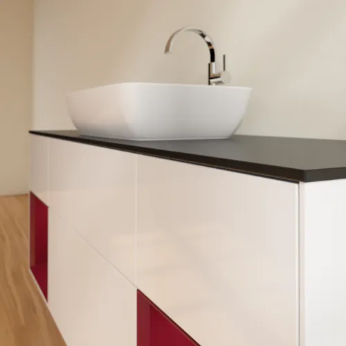 VILLEROY BOCH Toaletní skříňka Finion, s osvětlením, 4 výsuvy, 1600 x 603 x 501 mm, lesklý bílý lak / matný lak Pivoňka / matné černé sklo #F862HBGF, obrázek 6