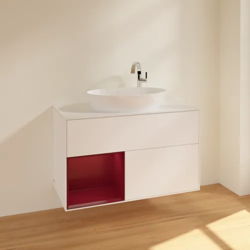 VILLEROY BOCH Toaletní skříňka Finion, s osvětlením, 2 výsuvy, 1000 x 603 x 501 mm, bílý matný lak / pivoňkový matný lak / bílé matné sklo #F891HBMT, obrázek 2