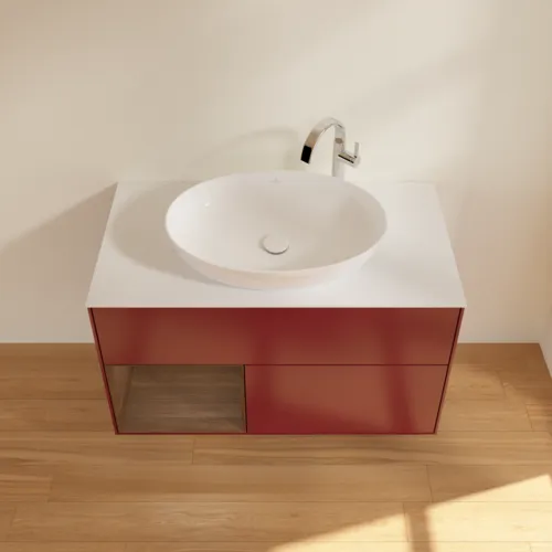 VILLEROY BOCH Toaletní skříňka Finion, s osvětlením, 2 výsuvy, 1000 x 603 x 501 mm, matný lak Peony / ořechová dýha / bílé matné sklo #F891GNHB, obrázek 4