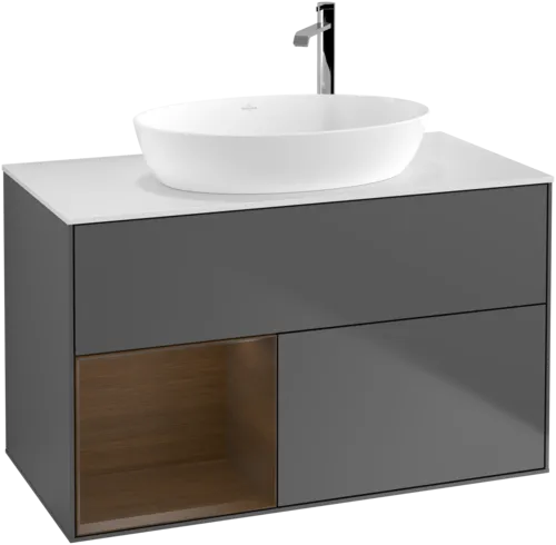 VILLEROY BOCH Toaletní skříňka Finion, s osvětlením, 2 výsuvy, 1000 x 603 x 501 mm, antracit matný lak / ořechová dýha / sklo bílé matné #F891GNGK, obrázek 1