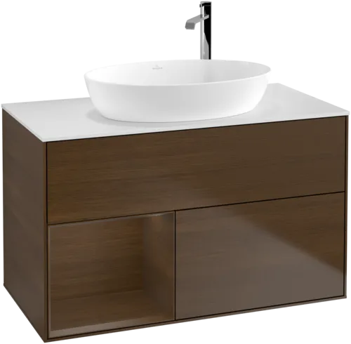 VILLEROY BOCH Toaletní stolek Finion, s osvětlením, 2 výsuvy, 1000 x 603 x 501 mm, ořechová dýha / ořechová dýha / sklo bílé matné #F891GNGN, obrázek 1
