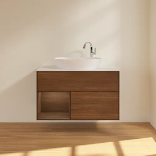 VILLEROY BOCH Toaletní stolek Finion, s osvětlením, 2 výsuvy, 1000 x 603 x 501 mm, ořechová dýha / ořechová dýha / sklo bílé matné #F891GNGN, obrázek 3