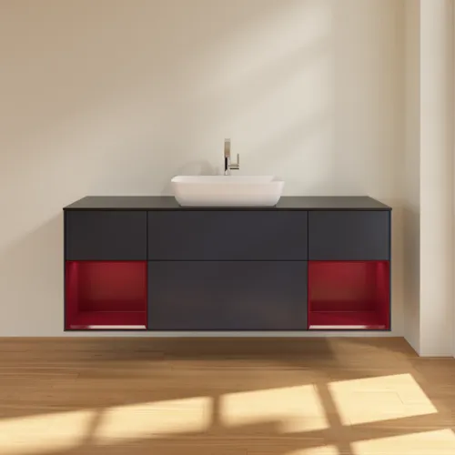VILLEROY BOCH Toaletní skříňka Finion, s osvětlením, 4 výsuvy, 1600 x 603 x 501 mm, Midnight Blue Matt Lacquer / Peony Matt Lacquer / Glass Black Matt #F862HBHG, obrázek 3