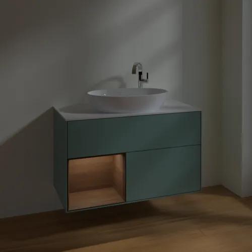 VILLEROY BOCH Toaletní skříňka Finion, s osvětlením, 2 výsuvy, 1000 x 603 x 501 mm, olivový matný lak / ořechová dýha / sklo bílé matné #F891GNGM, obrázek 5