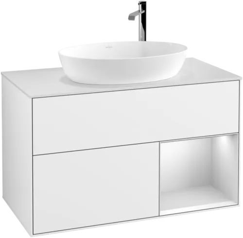 VILLEROY BOCH Umyvadlová skříňka Finion, s osvětlením, 2 výsuvy, 1000 x 603 x 501 mm, lesklý bílý lak / bílý matný lak / bílé matné sklo #F901MTGF, obrázek 1