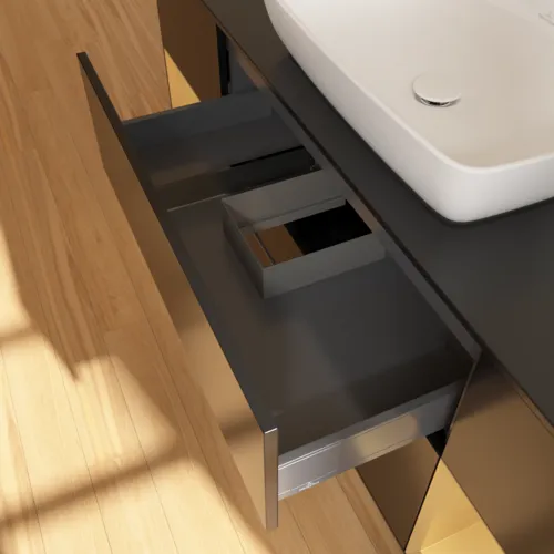 VILLEROY BOCH Toaletní skříňka Finion, s osvětlením, 4 výsuvy, 1600 x 603 x 501 mm, černý matný lak / zlatý matný lak / černé matné sklo #F862HFPD, obrázek 8