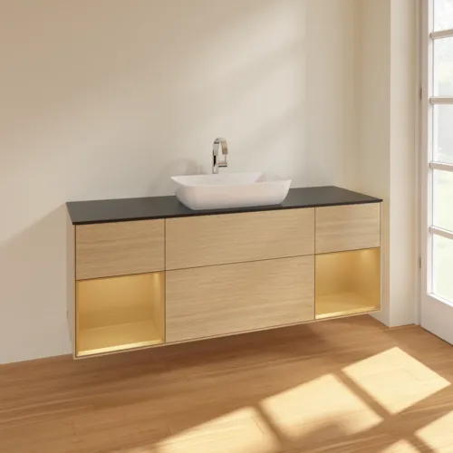 VILLEROY BOCH Toaletní skříňka Finion, s osvětlením, 4 výsuvy, 1600 x 603 x 501 mm, dubová dýha / zlatý matný lak / černé matné sklo #F862HFPC, obrázek 2