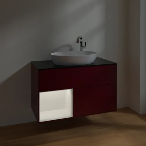 VILLEROY BOCH Toaletní skříňka Finion, s osvětlením, 2 výsuvy, 1000 x 603 x 501 mm, Pivoňka matný lak / Bílý matný lak / Sklo černé matné #F892MTHB, obrázek 5