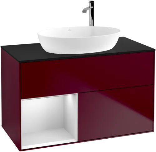 VILLEROY BOCH Toaletní skříňka Finion, s osvětlením, 2 výsuvy, 1000 x 603 x 501 mm, Pivoňka matný lak / Bílý matný lak / Sklo černé matné #F892MTHB, obrázek 1