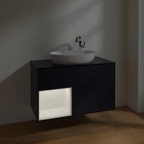 VILLEROY BOCH Toaletní skříňka Finion, s osvětlením, 2 výsuvy, 1000 x 603 x 501 mm, Midnight Blue Matt Lacquer / White Matt Lacquer / Glass Black Matt #F892MTHG, obrázek 5