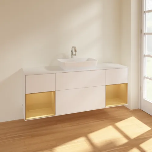 VILLEROY BOCH Toaletní skříňka Finion, s osvětlením, 4 výsuvy, 1600 x 603 x 501 mm, bílý matný lak / zlatý matný lak / bílé matné sklo #F861HFMT, obrázek 2
