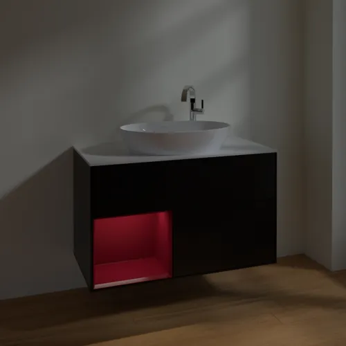 VILLEROY BOCH Toaletní skříňka Finion, s osvětlením, 2 výsuvy, 1000 x 603 x 501 mm, černý matný lak / pivoňkový matný lak / bílé matné sklo #F891HBPD, obrázek 5