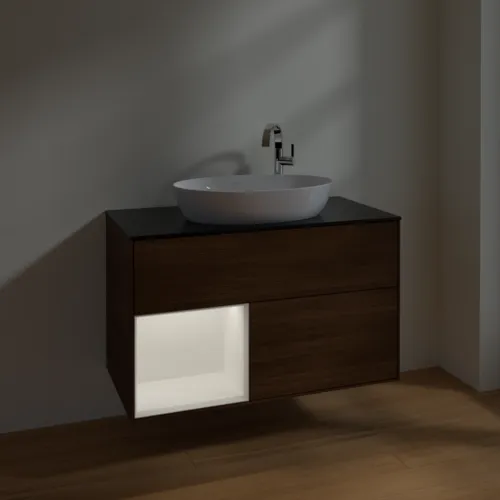 VILLEROY BOCH Toaletní skříňka Finion, s osvětlením, 2 výsuvy, 1000 x 603 x 501 mm, ořechová dýha / bílý matný lak / černé matné sklo #F892MTGN, obrázek 5