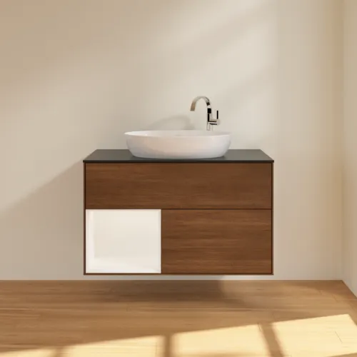 VILLEROY BOCH Toaletní skříňka Finion, s osvětlením, 2 výsuvy, 1000 x 603 x 501 mm, ořechová dýha / bílý matný lak / černé matné sklo #F892MTGN, obrázek 3