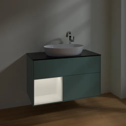 VILLEROY BOCH Toaletní skříňka Finion, s osvětlením, 2 výsuvy, 1000 x 603 x 501 mm, olivový matný lak / bílý matný lak / černé matné sklo #F892MTGM, obrázek 5