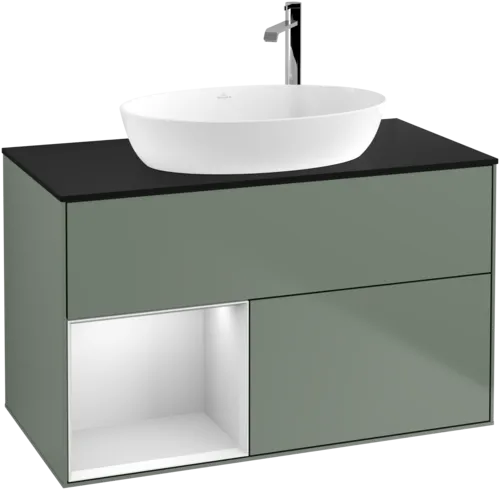VILLEROY BOCH Toaletní skříňka Finion, s osvětlením, 2 výsuvy, 1000 x 603 x 501 mm, olivový matný lak / bílý matný lak / černé matné sklo #F892MTGM, obrázek 1