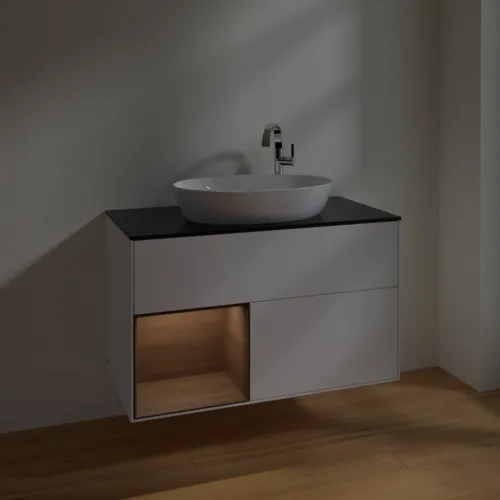 VILLEROY BOCH Toaletní skříňka Finion, s osvětlením, 2 výsuvy, 1000 x 603 x 501 mm, bílý matný lak / ořechová dýha / černé matné sklo #F892GNMT, obrázek 5