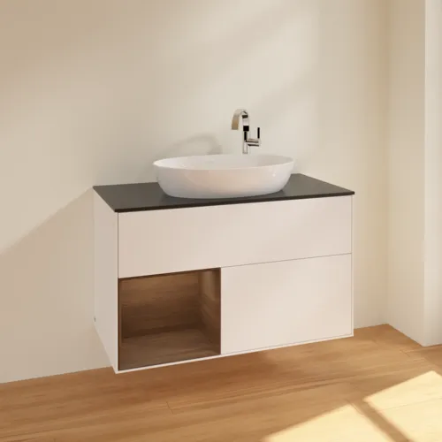 VILLEROY BOCH Toaletní skříňka Finion, s osvětlením, 2 výsuvy, 1000 x 603 x 501 mm, bílý matný lak / ořechová dýha / černé matné sklo #F892GNMT, obrázek 2
