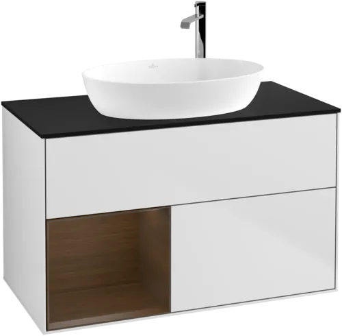 VILLEROY BOCH Toaletní skříňka Finion, s osvětlením, 2 výsuvy, 1000 x 603 x 501 mm, bílý matný lak / ořechová dýha / černé matné sklo #F892GNMT, obrázek 1