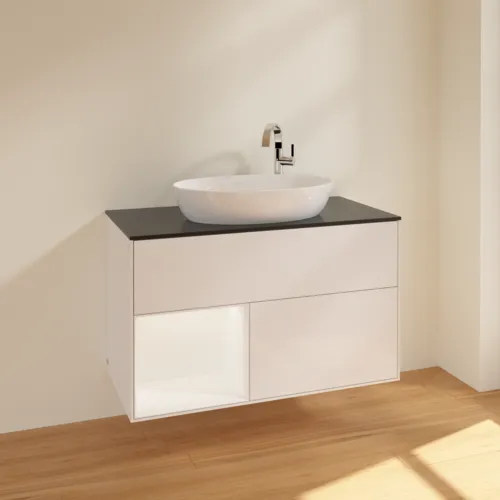 VILLEROY BOCH Umyvadlová skříňka Finion, s osvětlením, 2 výsuvy, 1000 x 603 x 501 mm, lesklý bílý lak / bílý matný lak / černé matné sklo #F892MTGF, obrázek 2