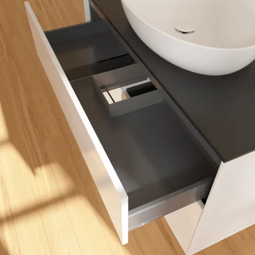 VILLEROY BOCH Umyvadlová skříňka Finion, s osvětlením, 2 výsuvy, 1000 x 603 x 501 mm, lesklý bílý lak / bílý matný lak / černé matné sklo #F892MTGF, obrázek 8