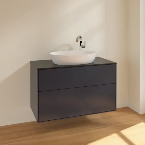 VILLEROY BOCH Toaletní skříňka Finion, 2 výsuvy, 1000 x 603 x 501 mm, půlnočně modrý matný lak / černé matné sklo #F88200HG, obrázek 2
