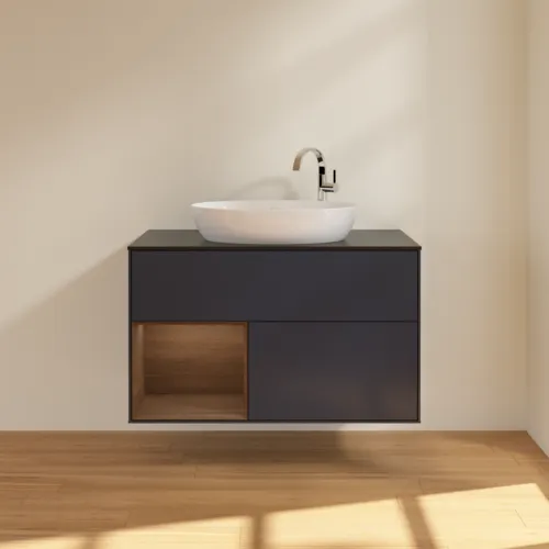 VILLEROY BOCH Toaletní skříňka Finion, s osvětlením, 2 výsuvy, 1000 x 603 x 501 mm, půlnočně modrý matný lak / ořechová dýha / černé matné sklo #F892GNHG, obrázek 3