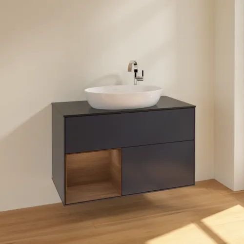 VILLEROY BOCH Toaletní skříňka Finion, s osvětlením, 2 výsuvy, 1000 x 603 x 501 mm, půlnočně modrý matný lak / ořechová dýha / černé matné sklo #F892GNHG, obrázek 2