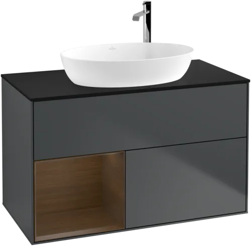 VILLEROY BOCH Toaletní skříňka Finion, s osvětlením, 2 výsuvy, 1000 x 603 x 501 mm, půlnočně modrý matný lak / ořechová dýha / černé matné sklo #F892GNHG, obrázek 1