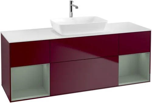VILLEROY BOCH Toaletní skříňka Finion, s osvětlením, 4 výsuvy, 1600 x 603 x 501 mm, Pivoňka matný lak / Olivový matný lak / Sklo bílé matné #F861GMHB