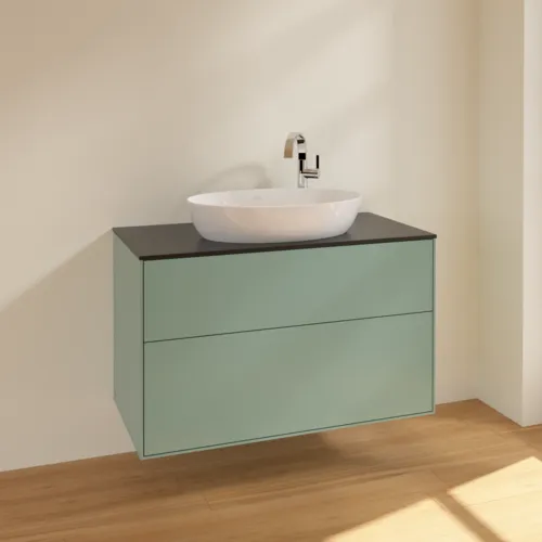 VILLEROY BOCH Toaletní skříňka Finion, 2 výsuvy, 1000 x 603 x 501 mm, olivově matný lak / sklo černé matné #F88200GM, obrázek 2