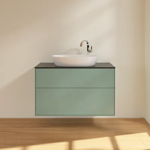 VILLEROY BOCH Toaletní skříňka Finion, 2 výsuvy, 1000 x 603 x 501 mm, olivově matný lak / sklo černé matné #F88200GM, obrázek 3