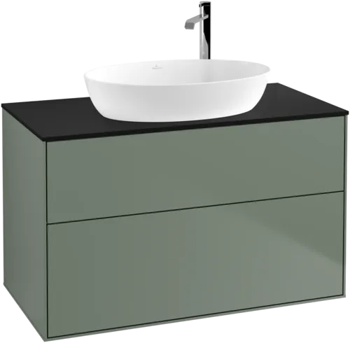 VILLEROY BOCH Toaletní skříňka Finion, 2 výsuvy, 1000 x 603 x 501 mm, olivově matný lak / sklo černé matné #F88200GM