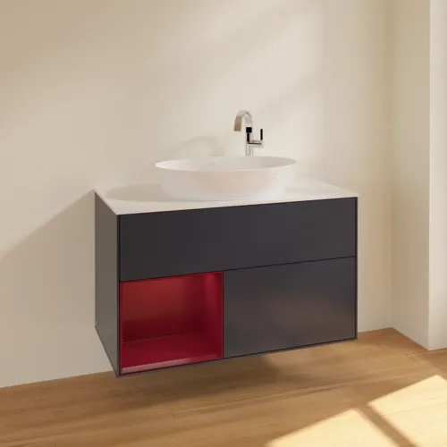 VILLEROY BOCH Toaletní skříňka Finion, s osvětlením, 2 výsuvy, 1000 x 603 x 501 mm, Midnight Blue Matt Lacquer / Peony Matt Lacquer / Glass White Matt #F891HBHG, obrázek 2
