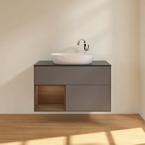 VILLEROY BOCH Toaletní skříňka Finion, s osvětlením, 2 výsuvy, 1000 x 603 x 501 mm, antracitový matný lak / ořechová dýha / černé matné sklo #F892GNGK, obrázek 3