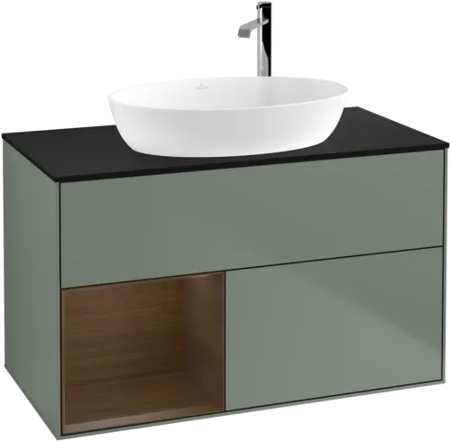VILLEROY BOCH Toaletní skříňka Finion, s osvětlením, 2 výsuvy, 1000 x 603 x 501 mm, olivový matný lak / ořechová dýha / černé matné sklo #F892GNGM, obrázek 1