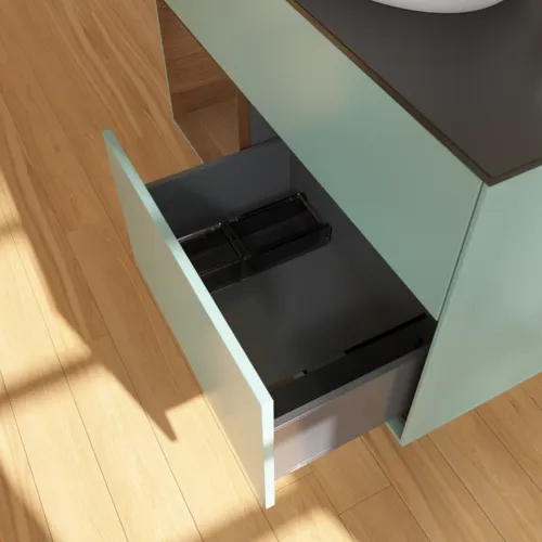 VILLEROY BOCH Toaletní skříňka Finion, s osvětlením, 2 výsuvy, 1000 x 603 x 501 mm, olivový matný lak / ořechová dýha / černé matné sklo #F892GNGM, obrázek 7