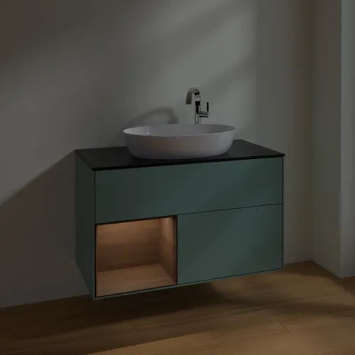 VILLEROY BOCH Toaletní skříňka Finion, s osvětlením, 2 výsuvy, 1000 x 603 x 501 mm, olivový matný lak / ořechová dýha / černé matné sklo #F892GNGM, obrázek 5